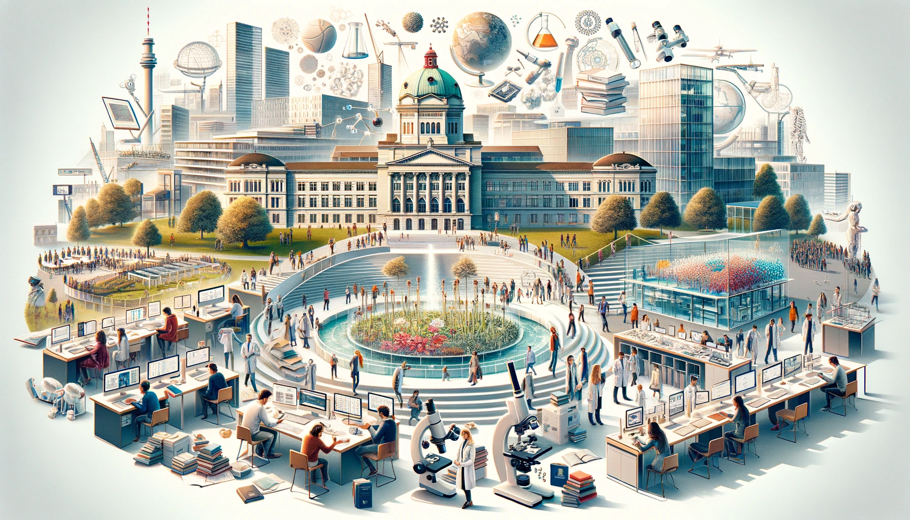 Here's the wide frame image depicting education and research in Zurich, showcasing its renowned institutions, dynamic academic environment, and cutting-edge research facilities.