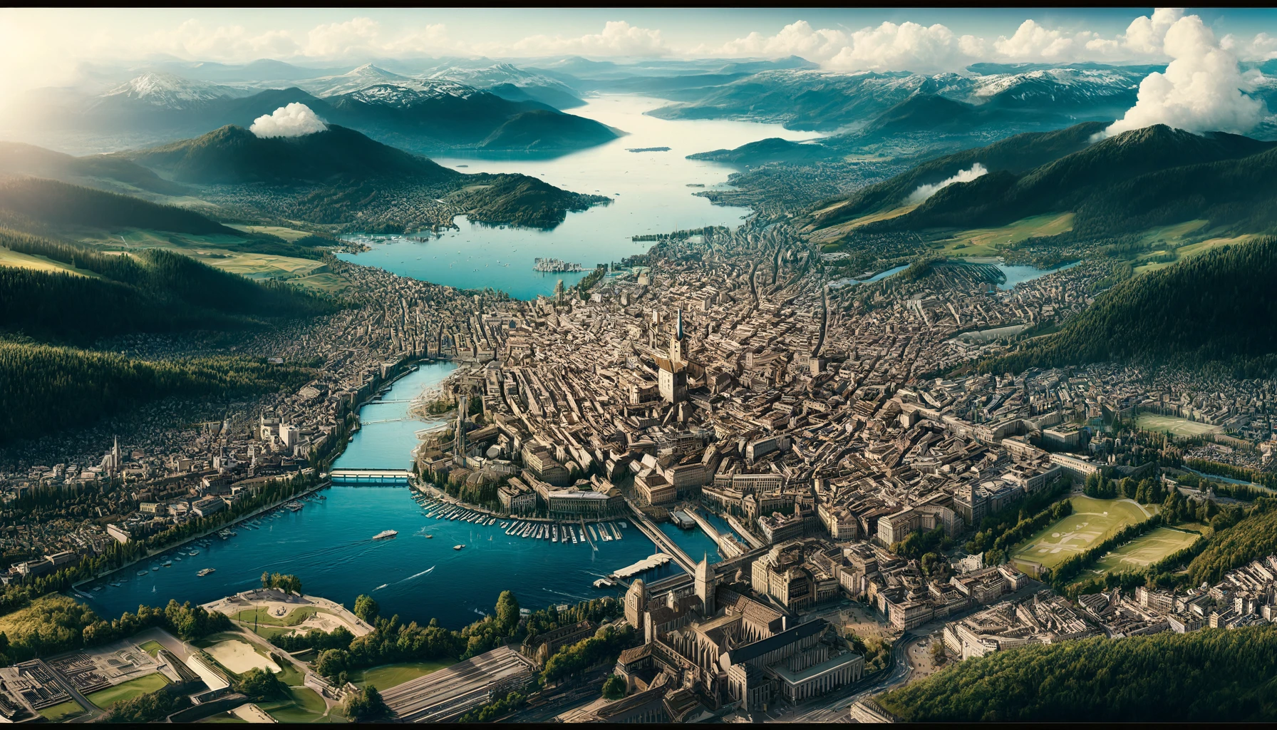 Here are the geographical overviews of Zurich in a wide frame, showcasing key landmarks and the vibrant atmosphere of the city.