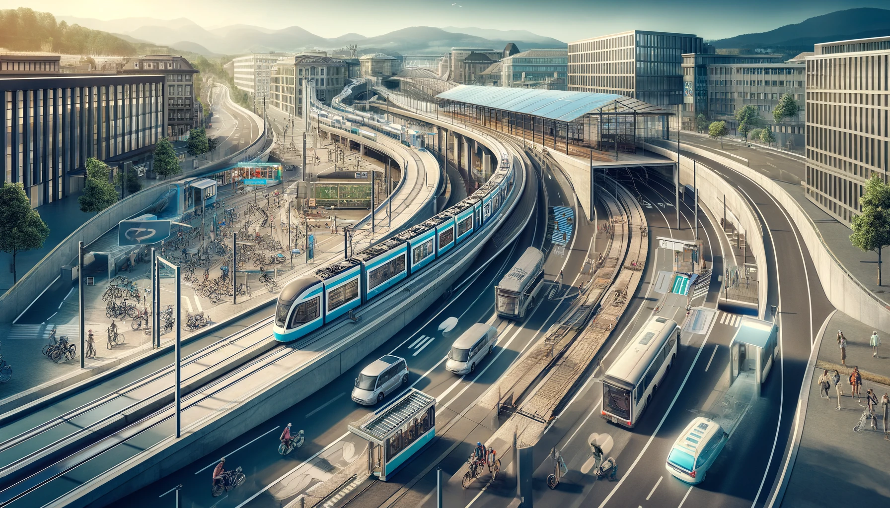 Here's the wide frame image depicting the infrastructure and transportation of Zurich, highlighting its modern and sustainable systems.