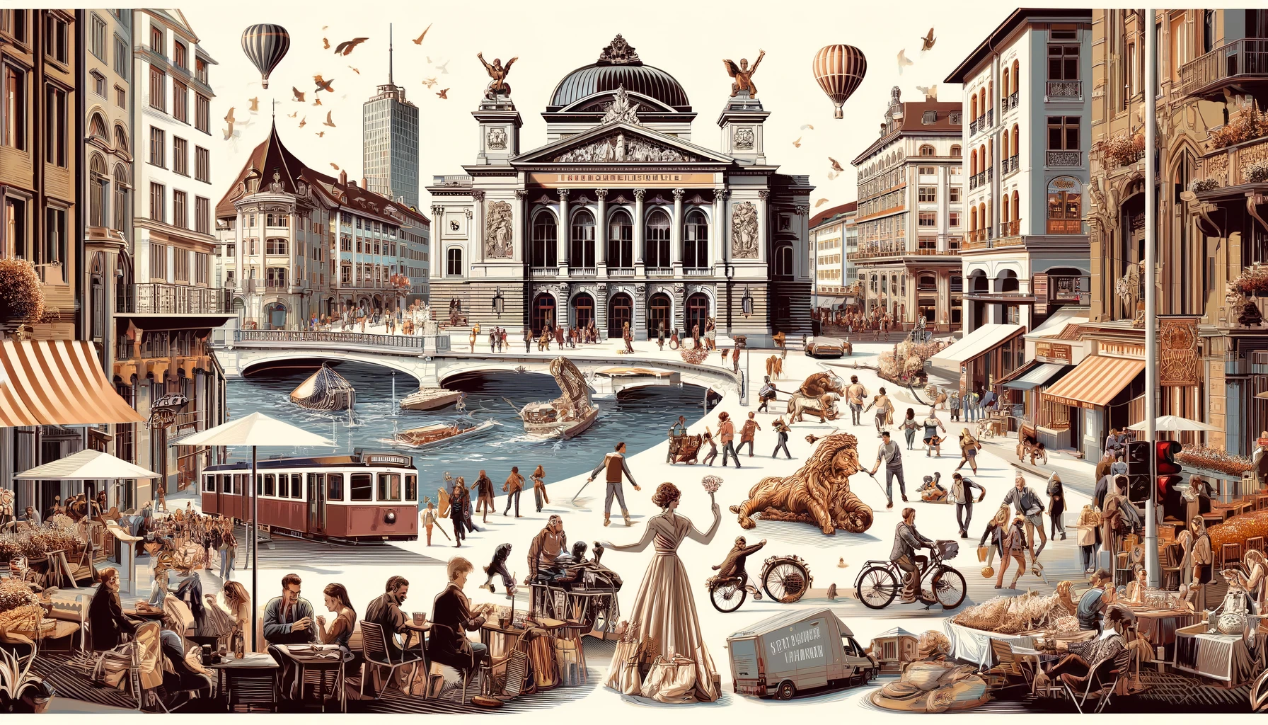 Here's the wide frame image depicting the culture and lifestyle of Zurich, highlighting its vibrant cultural landmarks, lively street scenes, and mix of modern and traditional elements.