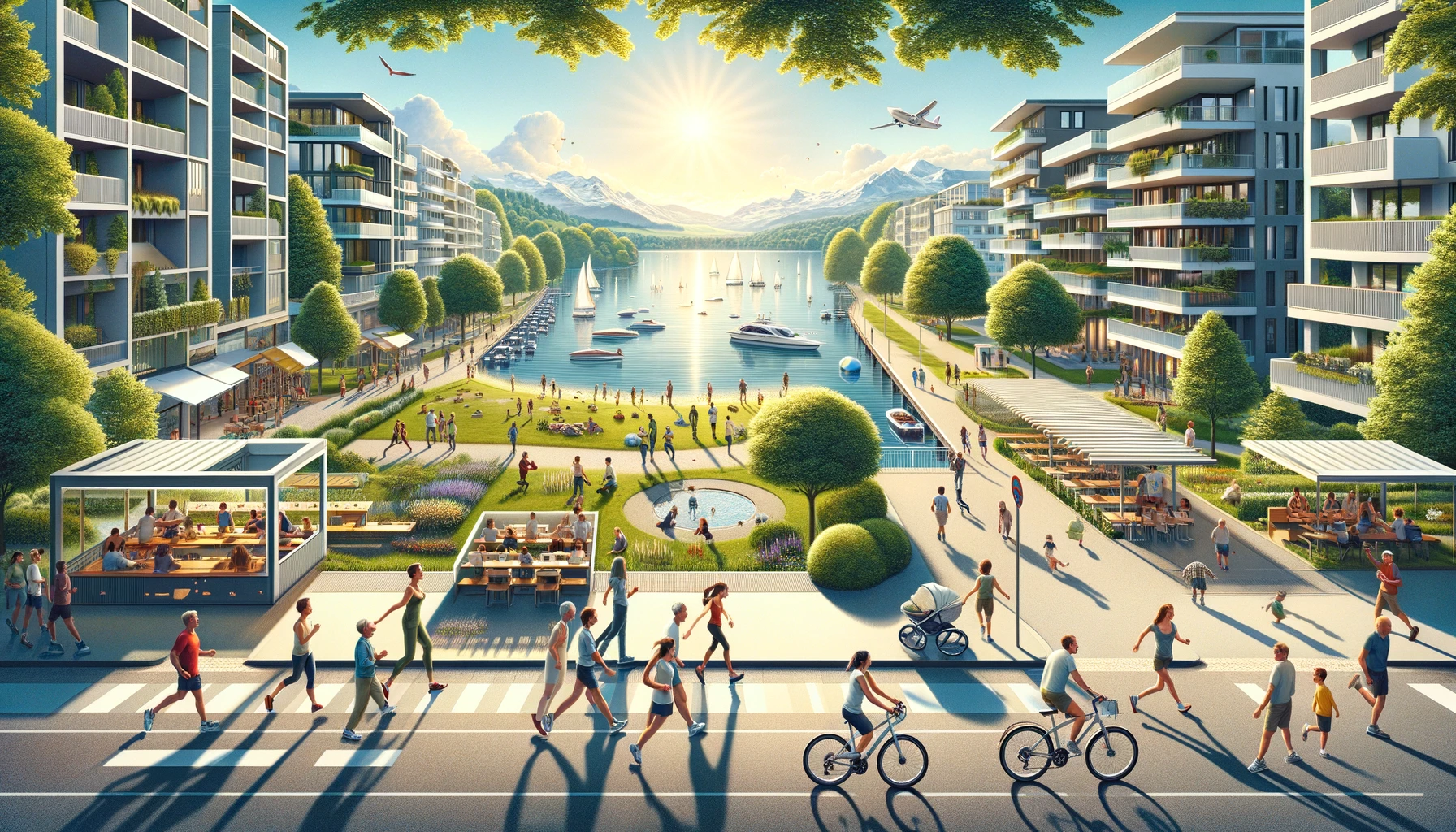 Here's the wide frame image depicting the excellent quality of life in Zurich, showcasing its clean environment, outdoor activities, and vibrant community spaces.