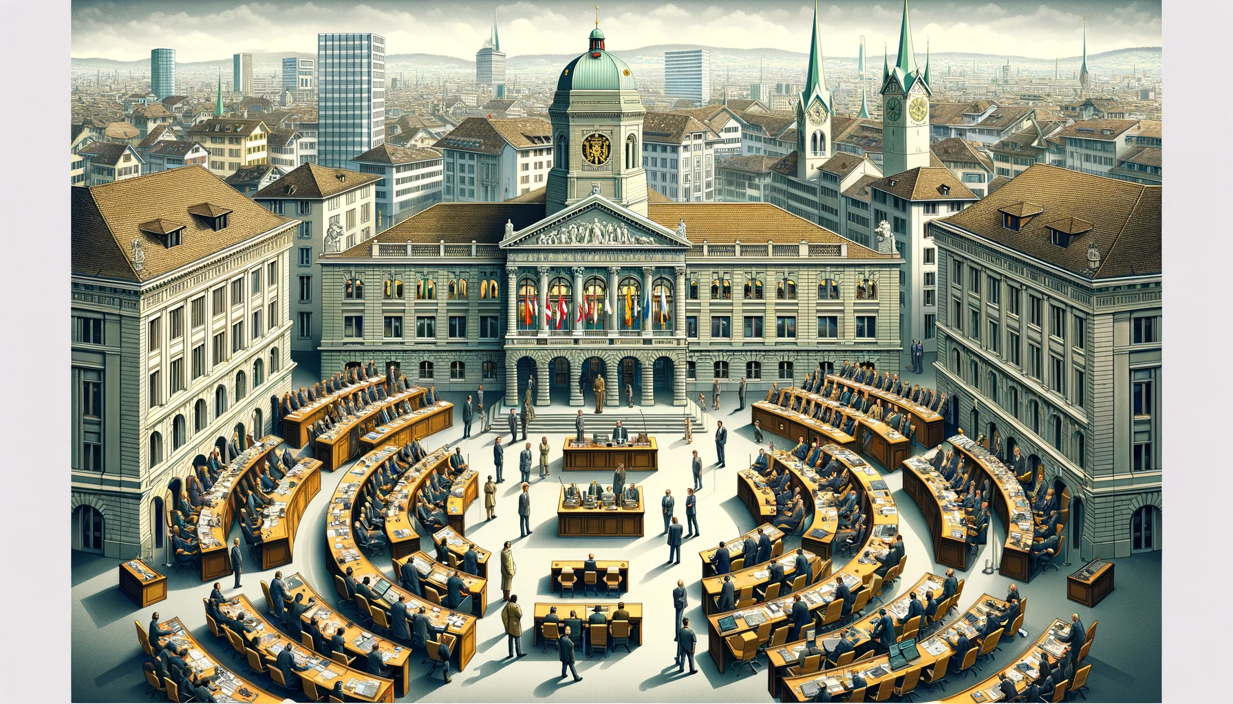 Here's the wide frame image depicting the politics and administration of Zurich, highlighting key government buildings and civic activities.