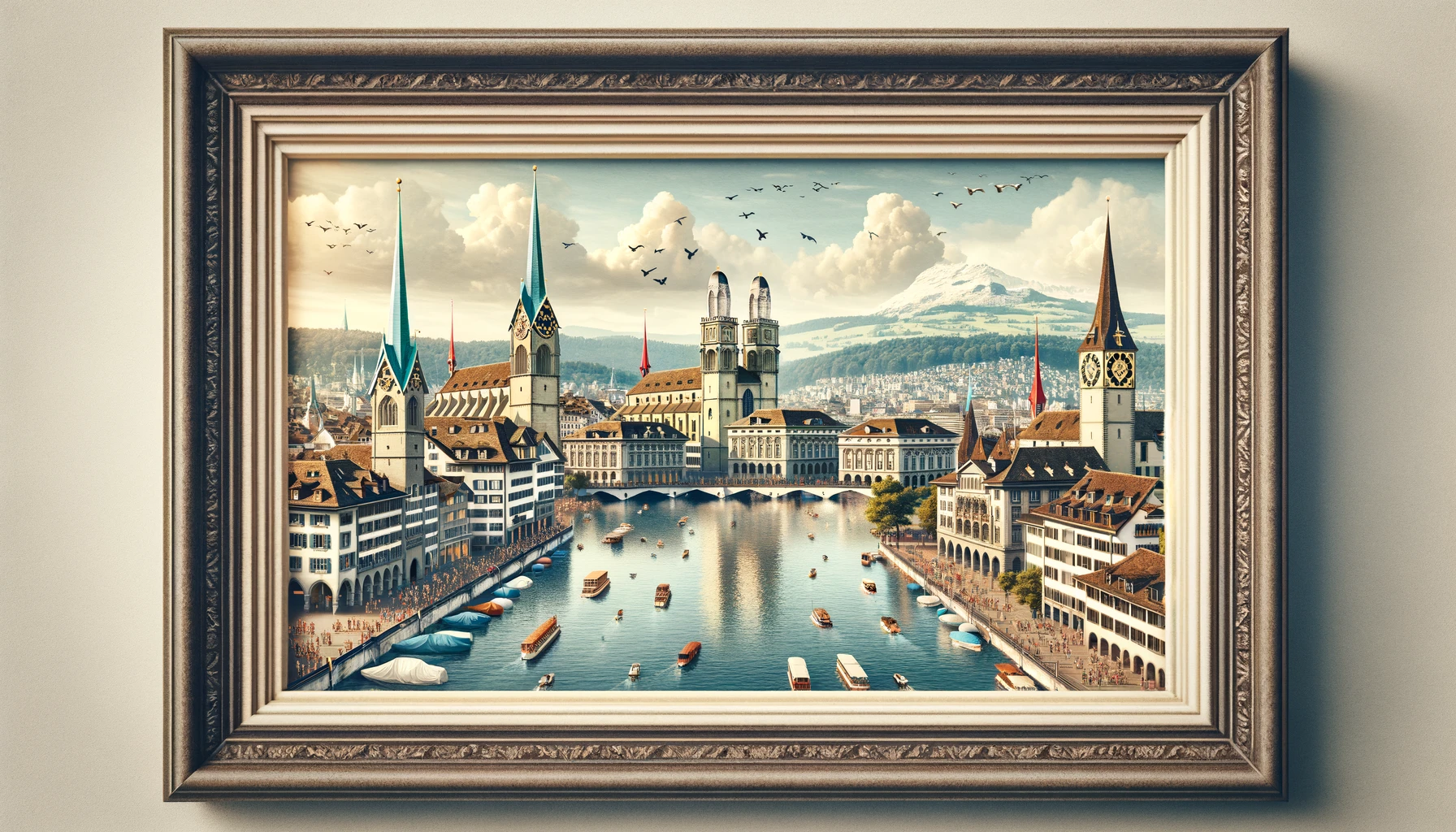 Here's the wide frame image depicting the famous landmarks of Zurich, showcasing its inviting and vibrant atmosphere.