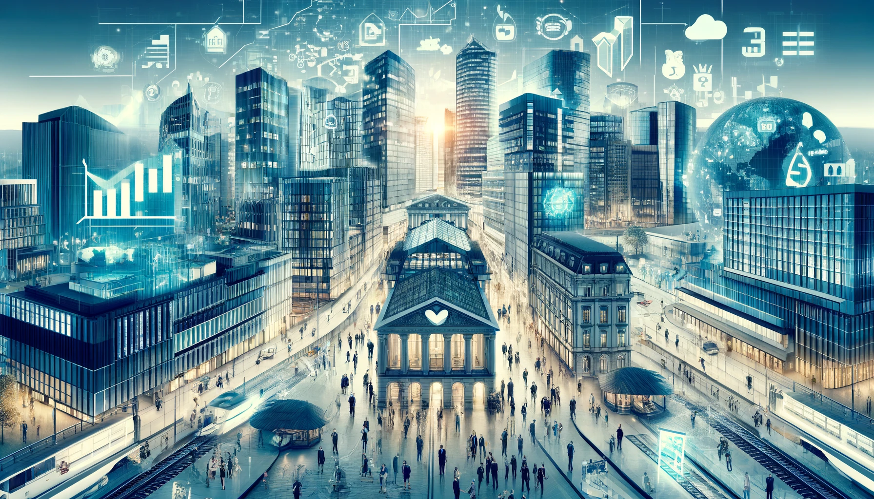 Here's the wide frame image depicting the economy of Zurich, highlighting its financial district, modern infrastructure, and bustling commercial activities.